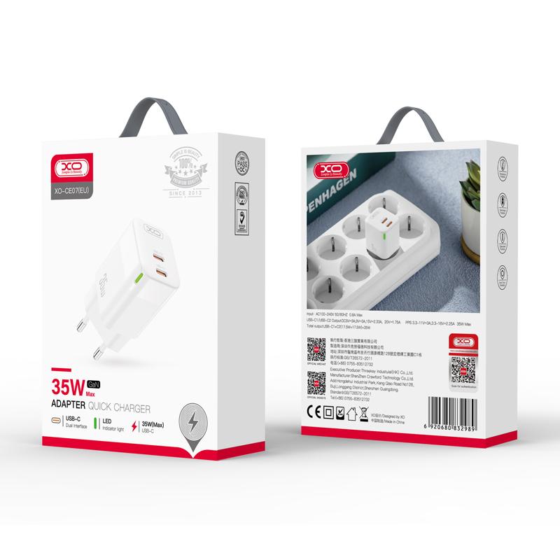 XO (CE07) - Incarcator Retea, GaN, PD35W, 2xUSB-C, White