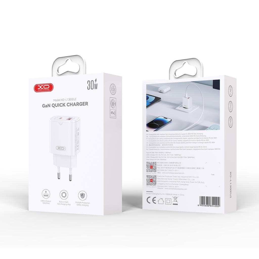 XO (L130) - Incarcator Retea, PD30W, 1xUSB-C, 1xUSB-A, White
