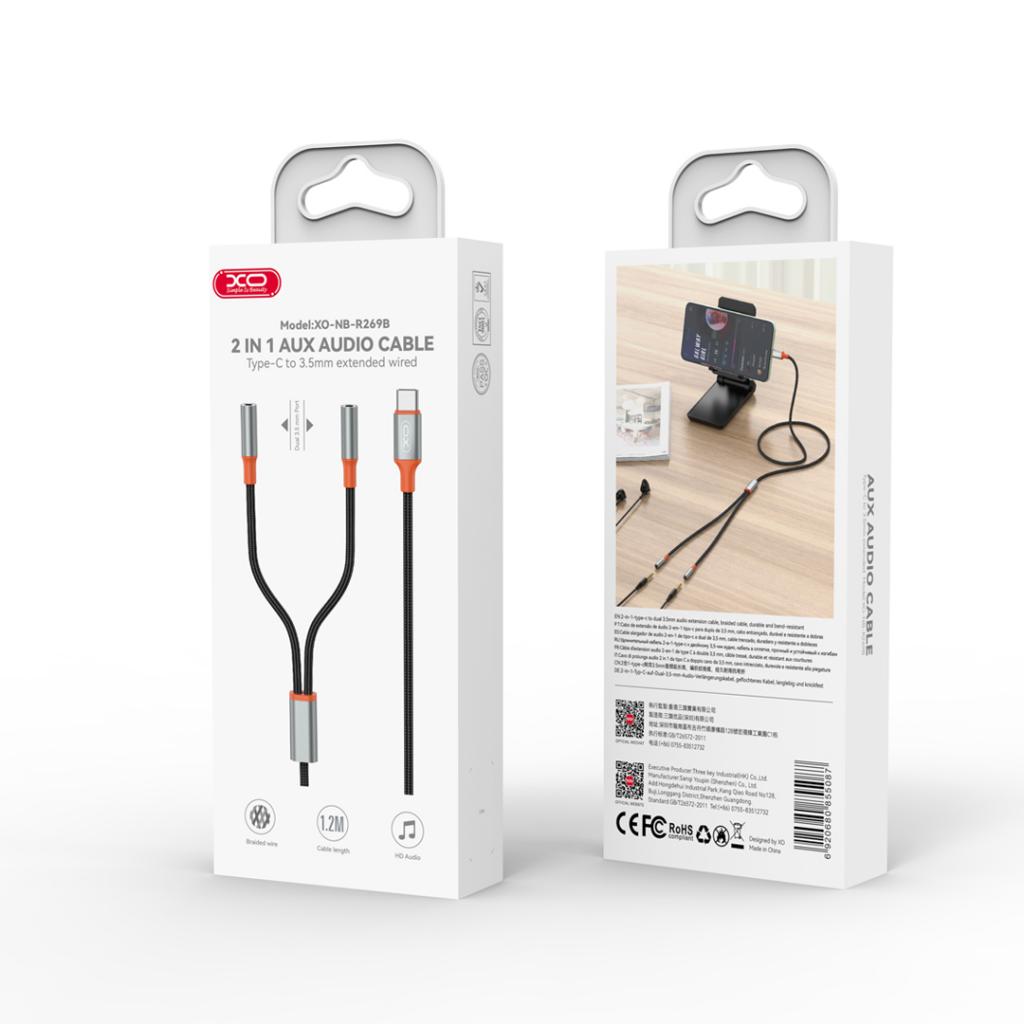 XO (NB-R269B) - Cablu Audio, USB-C la 2x Jack 3.5mm (F), 1.2m, Black