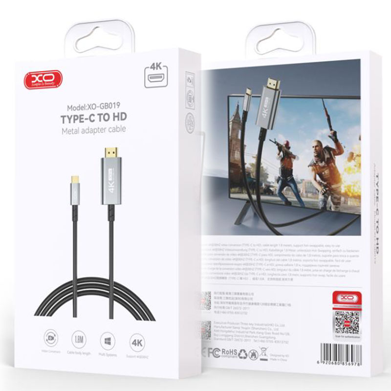 XO (GB019) - Cablu Audio si Video, USB-C la HDMI, HD 4k, 1.8m, TARNISH