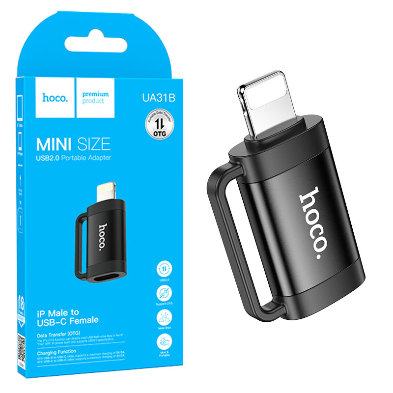 Hoco (UA31B) - Adaptor OTG Transfer/Incarcare, USB-C la Lightning, Black