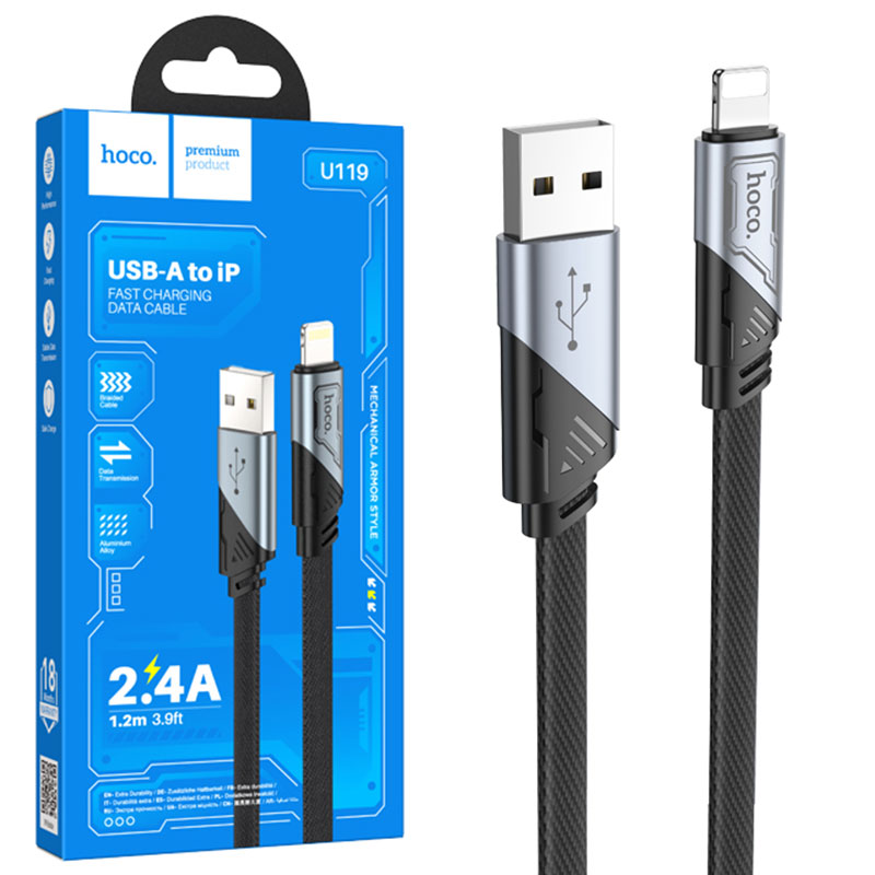 Hoco (U119) - Cablu Date si Incarcare, USB-A la Lightning, 2.4A, Flat, 1.2m, Black