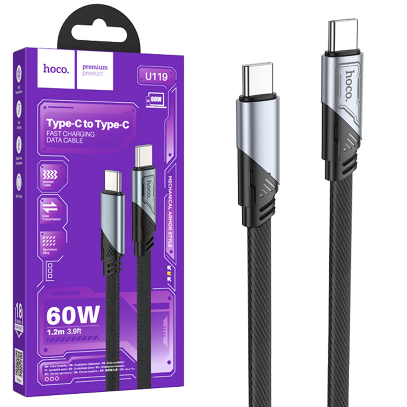 Hoco (U119) - Cablu Date si Incarcare, USB-C, PD60W, QC3.0, Flat, 1.2m, Black