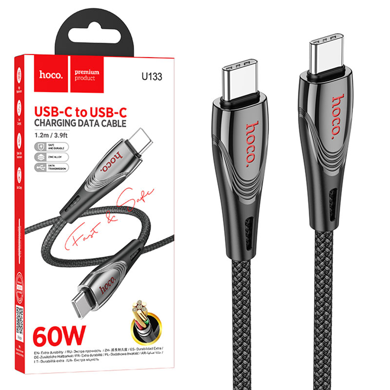 Hoco (U133) - Cablu Date si Incarcare, USB-C, PD60W, QC3.0, 3A, Braided, 1.2m, Black