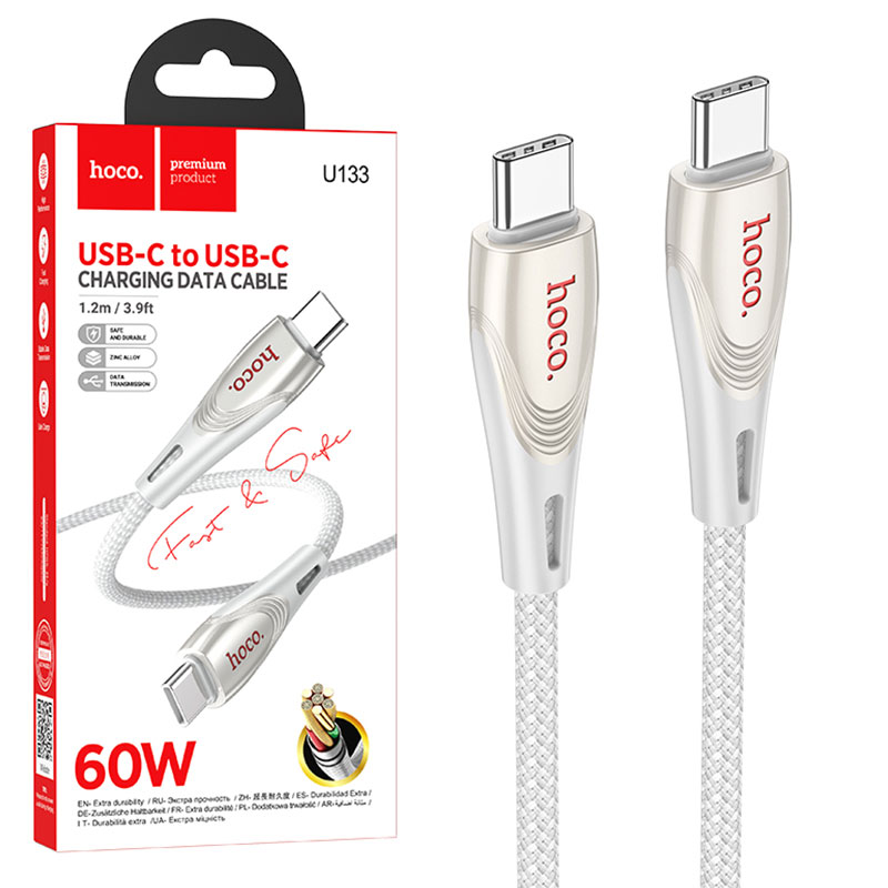 Hoco (U133) - Cablu Date si Incarcare, USB-C, PD60W, QC3.0, 3A, Braided, 1.2m, Gray