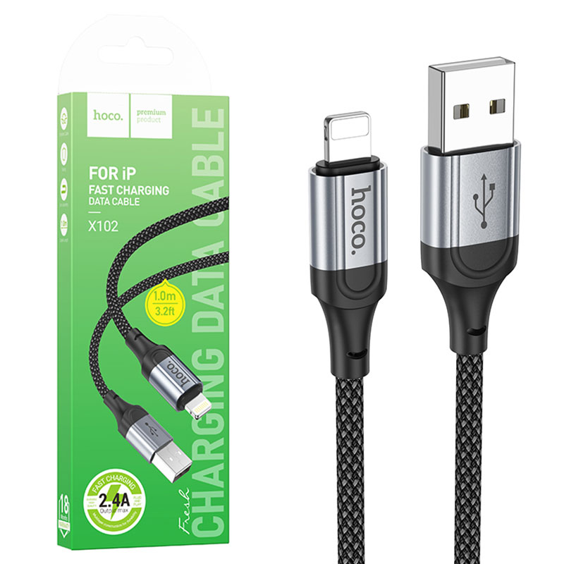 Hoco (X102) - Cablu Date si Incarcare, USB-A la Lightning, 2.4A, Braided, 1.2m, Black