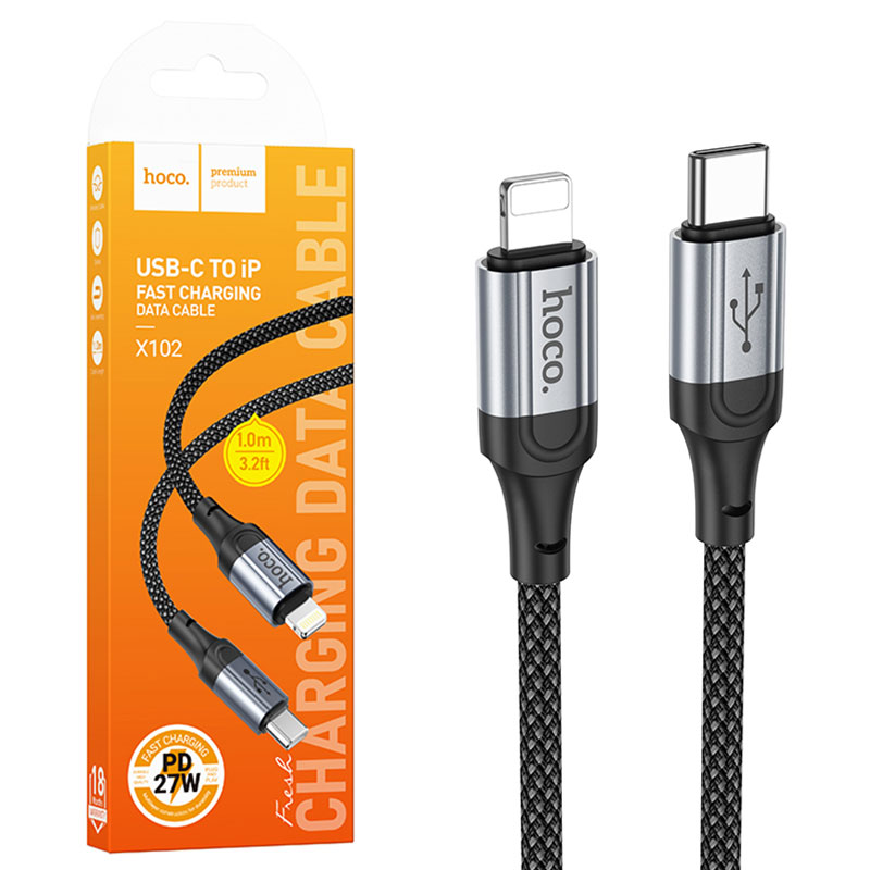 Hoco (X102) - Cablu Date si Incarcare, USB-C la Lightning, PD27W, QC3.0, Braided, 1m, Black