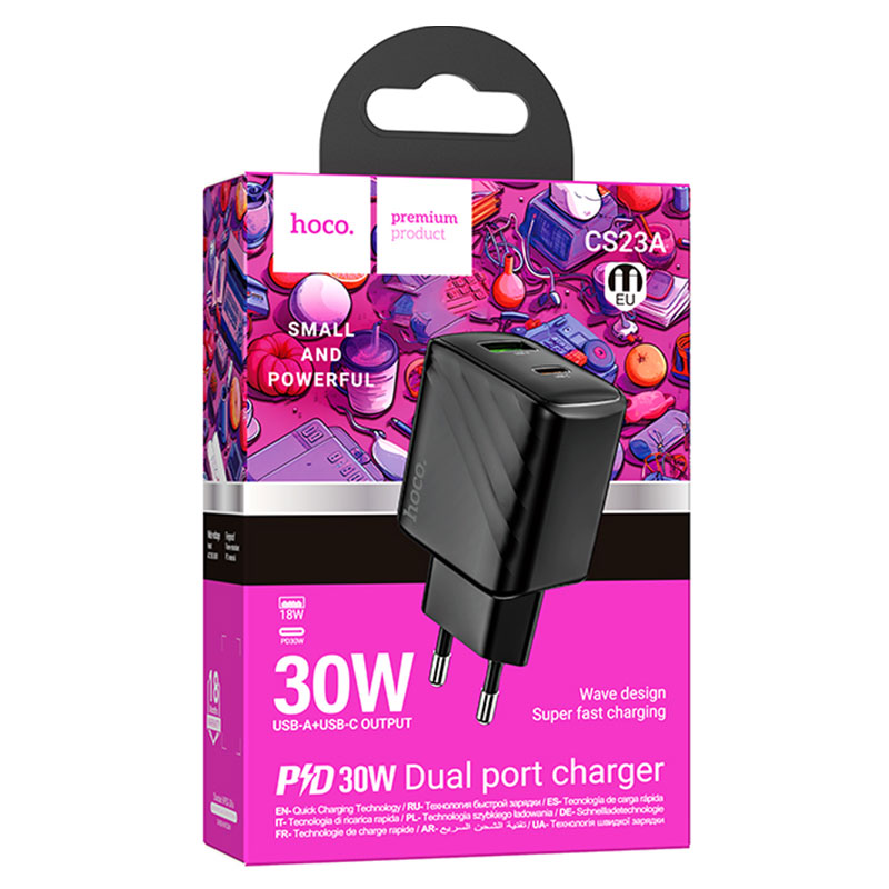 Hoco (CS23A) - Incarcator Retea, PD30W, 5V, 3A, 1xUSB-C, 1xUSB-A, FCP/AFC, Black