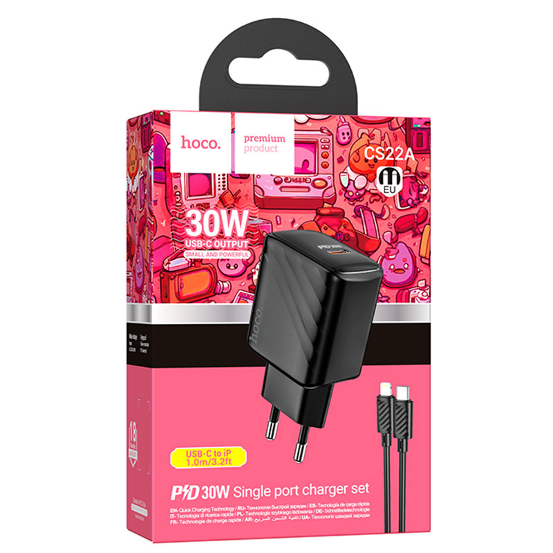 Hoco (CS22A) - Incarcator Retea + Cablu Lightning, 1m, PD30W, 1xUSB-C, QC/FCP/AFC, Black