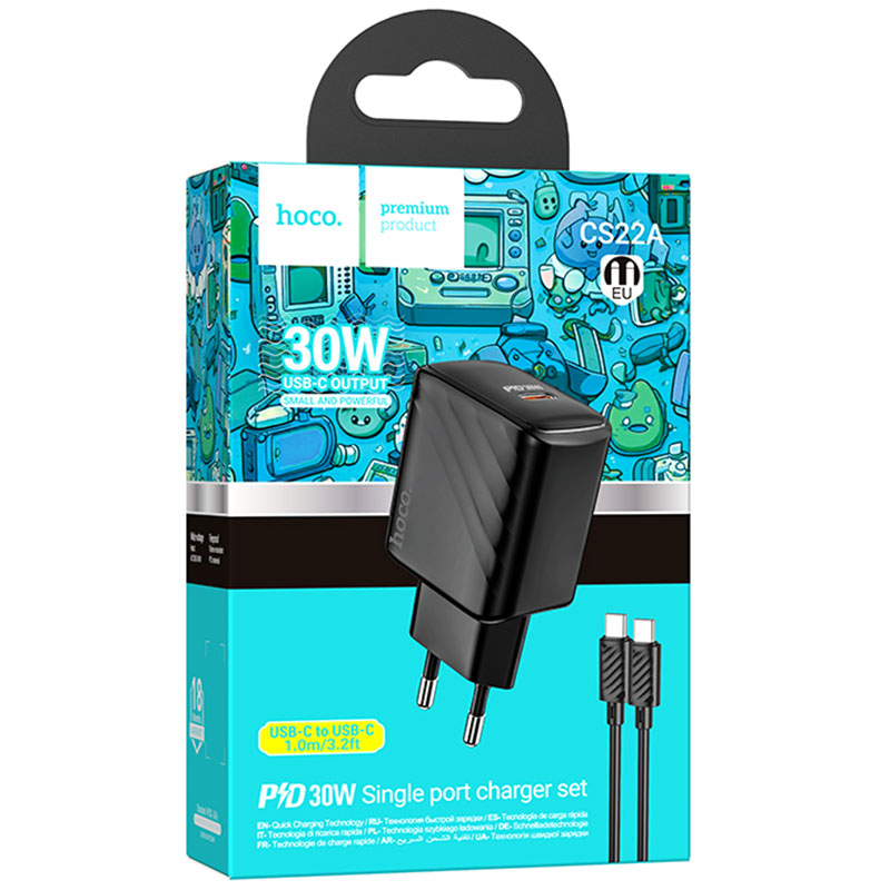 Hoco (CS22A) - Incarcator Retea + Cablu USB-C, 1m, PD30W, 1xUSB-C, QC/FCP/AFC, Black