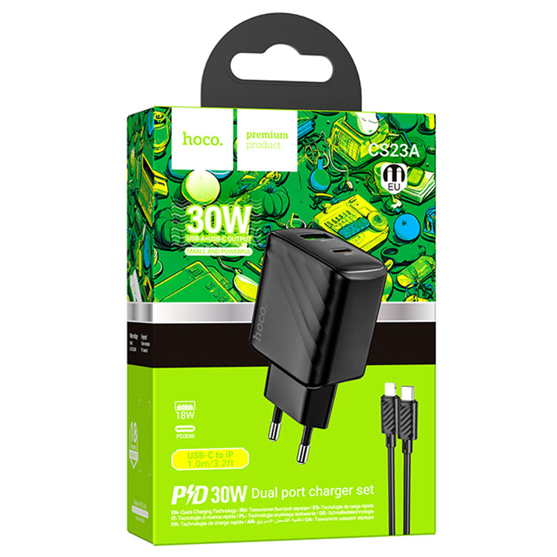 Hoco (CS23A) - Incarcator Retea + Cablu Lightning, 1m, PD30W, 5V, 3A, 1xUSB-C, 1xUSB-A, FCP/AFC, Black