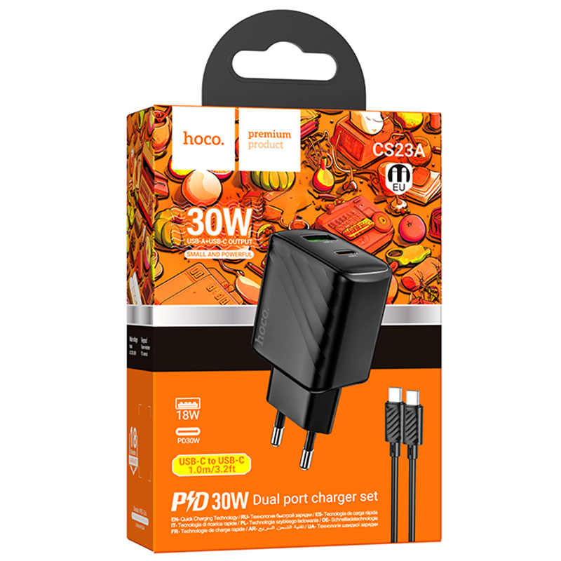 Hoco (CS23A) - Incarcator Retea + Cablu USB-C, 1m, PD30W, 1xUSB-C, 1xUSB-A, FCP/AFC, Black
