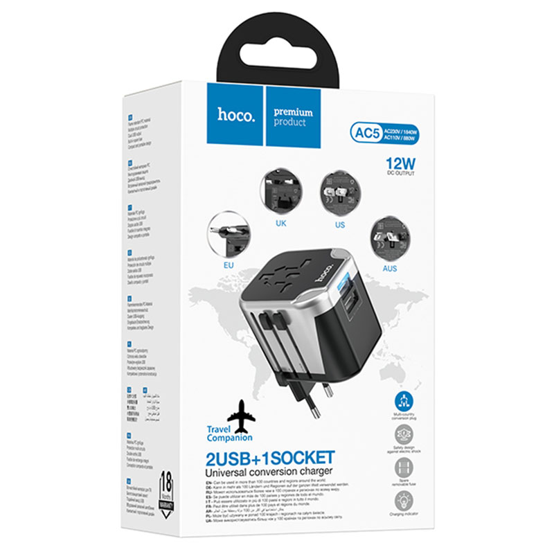 Hoco (AC5) » Convertor Priza, 2xUSB-A, Adaptor Universal, EU/UK/US/AUS, Black