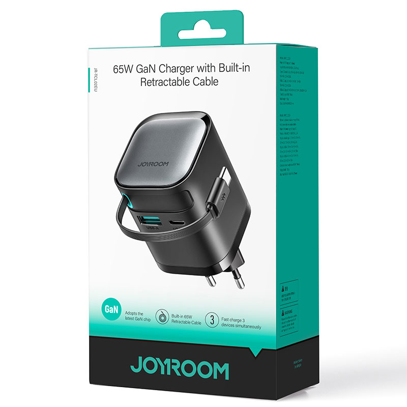 Joyroom (JR-TCL02) - Incarcator SuperFast, GaN 65W, cu Cablu USB-C retractabil, 1xUSB-C, 1xUSB-A, Black