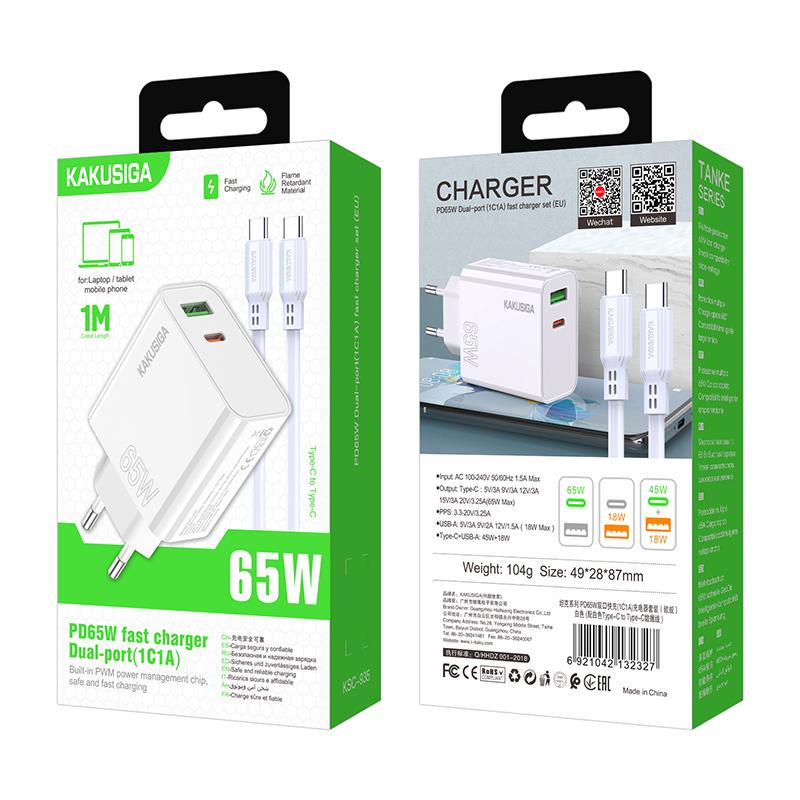 Kaku (KSC-935) - Incarcator Retea + Cablu USB-C, 1m, PD65W, 1xUSB-C, 1xUSB-A, White