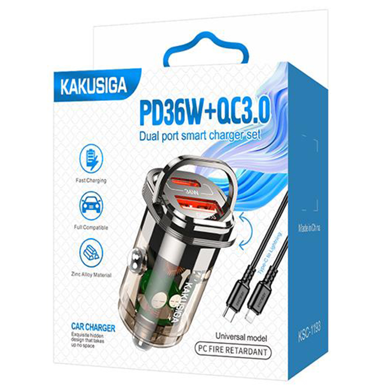 Kaku (KSC-1193) - Incarcator Auto + Cablu Lightning, 1m, PD36W, 1xUSB-C, 1xUSB-A, Black