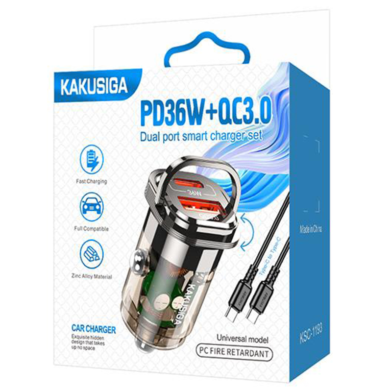 Kaku (KSC-1193) - Incarcator Auto + Cablu USB-C, 1m, PD36W, 1xUSB-C, 1xUSB-A, Black