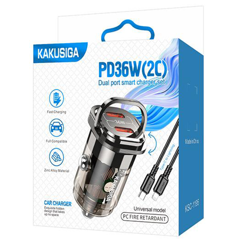 Kaku (KSC-1195) - Incarcator Auto + Cablu Lightning, 1m, PD36W, 2xUSB-C, Black