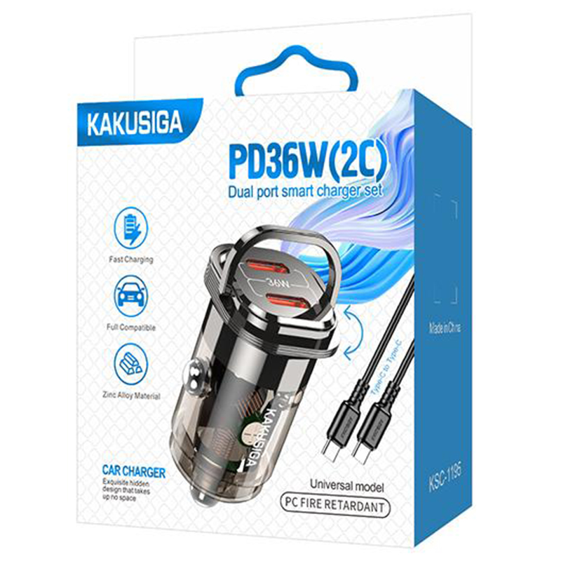 Kaku (KSC-1195) - Incarcator Auto + Cablu USB-C, 1m, PD36W, 2xUSB-C, Black