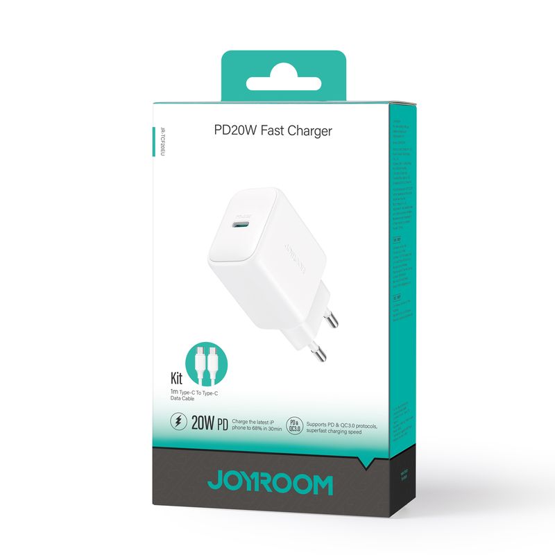 Joyroom (JR-TCF20) - Incarcator Retea + Cablu USB-C, 1m, PD20W, 1xUSB-C, SmartCharge, White
