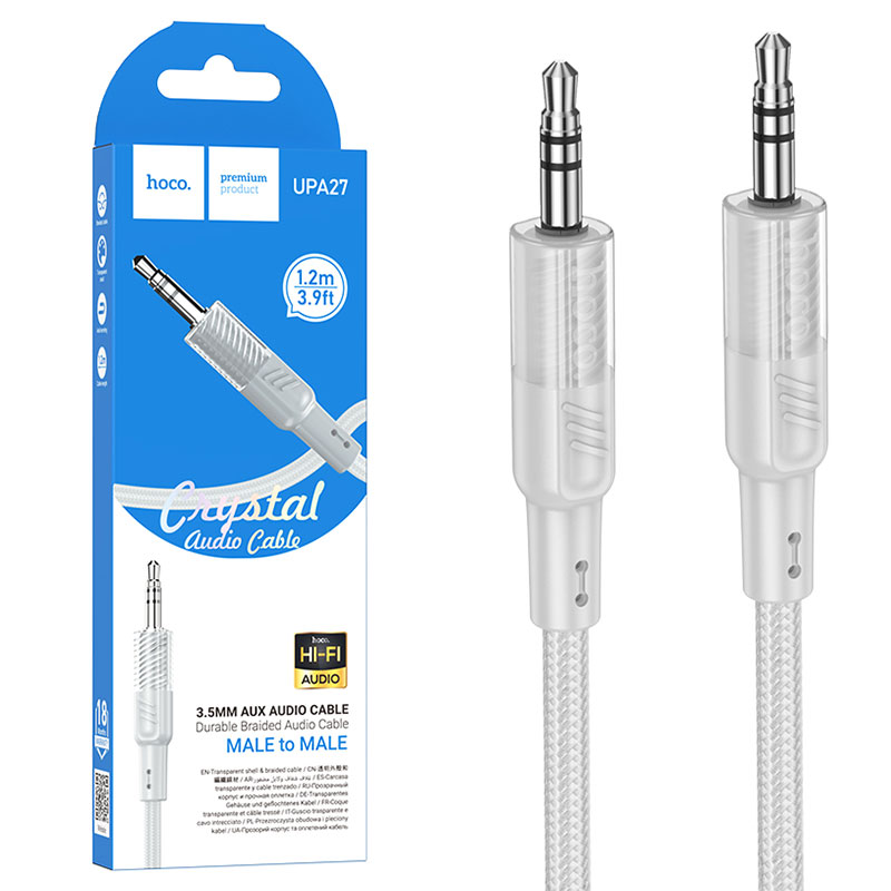 Hoco (UPA27) - Cablu Audio, Jack 3.5mm (M) - la Jack 3.5mm (M) - Braided, 1.2m, Gray/Clear