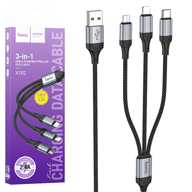 Hoco (X102) - Cablu Date si Incarcare, USB-A la Lightning / MicroUSB / USB-C, 2.4A, 3 in 1, 1m, Black