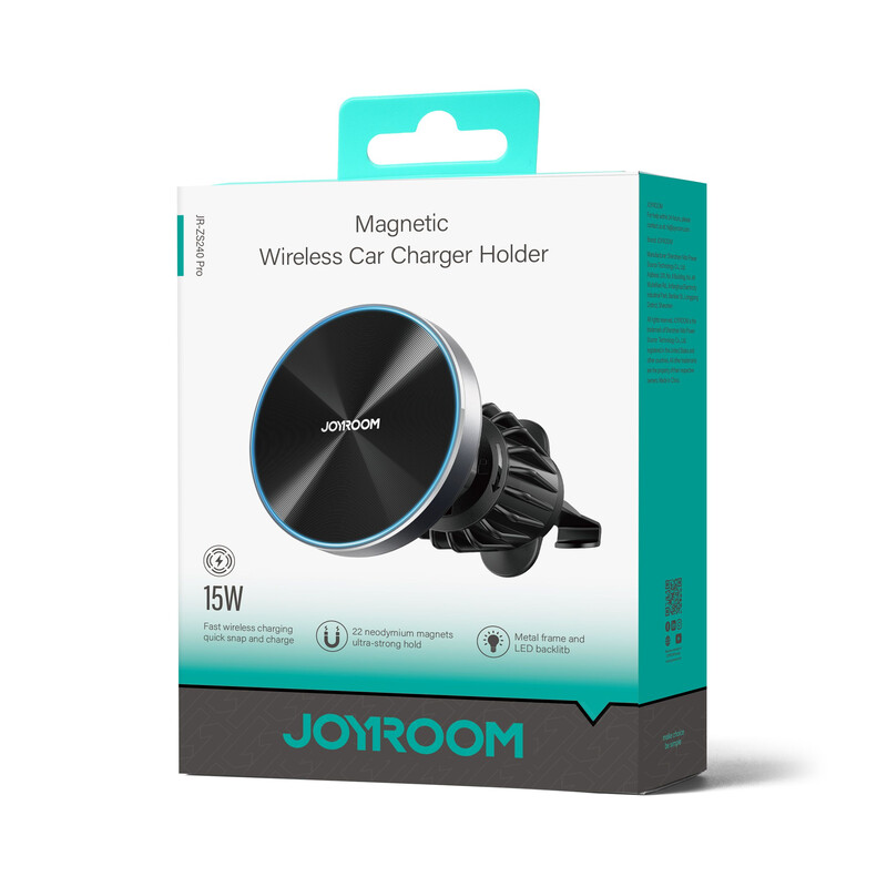 Joyroom (JR-ZS240 Pro) - Suport Auto cu incarcare Wireless, 15W, montaj Ventilatie, Magnetic, Glow Light, PullClip, Black