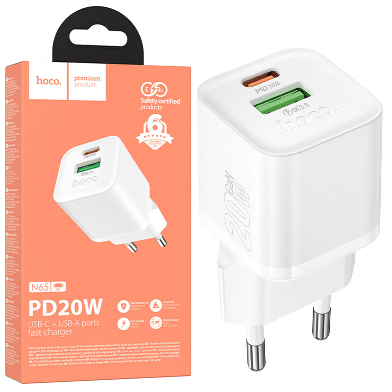Hoco (N65) » Incarcator Retea, (PD20W+QC3.0) 1xUSB-C, 1xUSB, Fast, WHITE