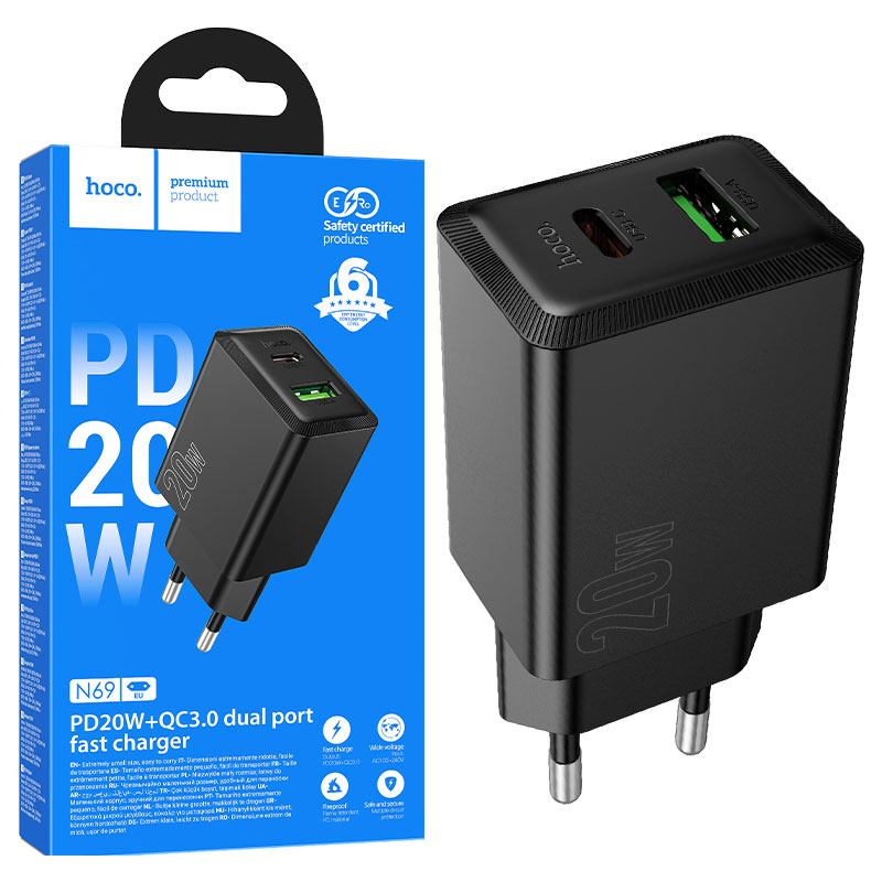 Hoco (N69) » Incarcator Retea, (PD20W+QC3.0) 1xUSB-C, 1xUSB, Fast, BLACK