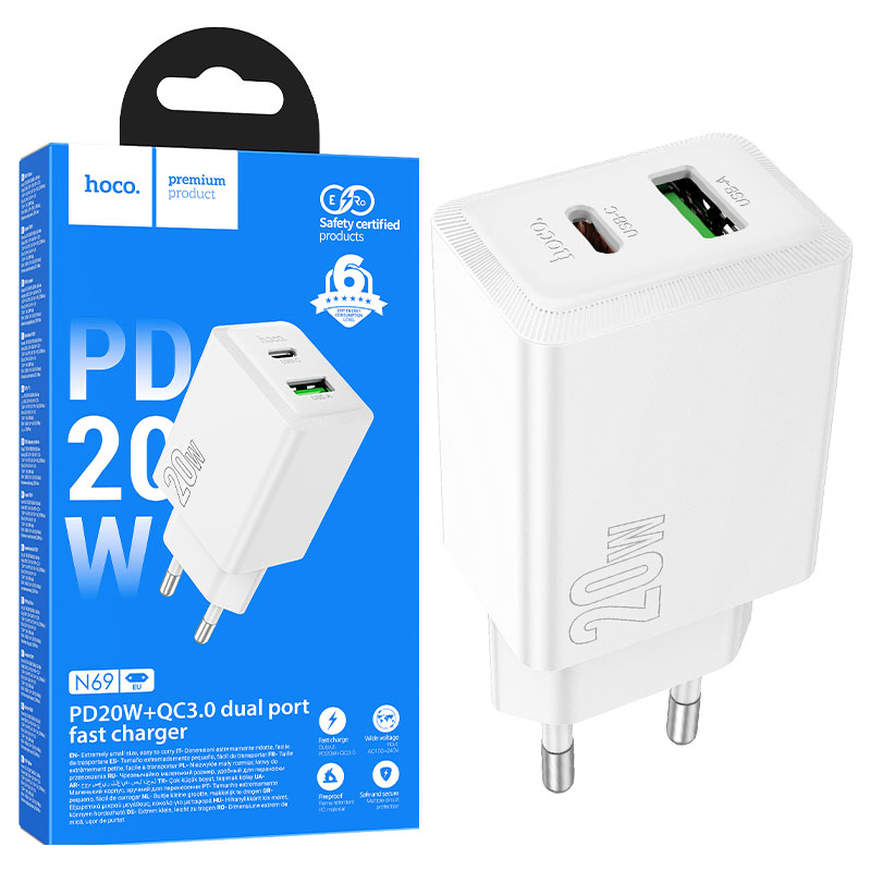 Hoco (N69) » Incarcator Retea, (PD20W+QC3.0) 1xUSB-C, 1xUSB, Fast, WHITE
