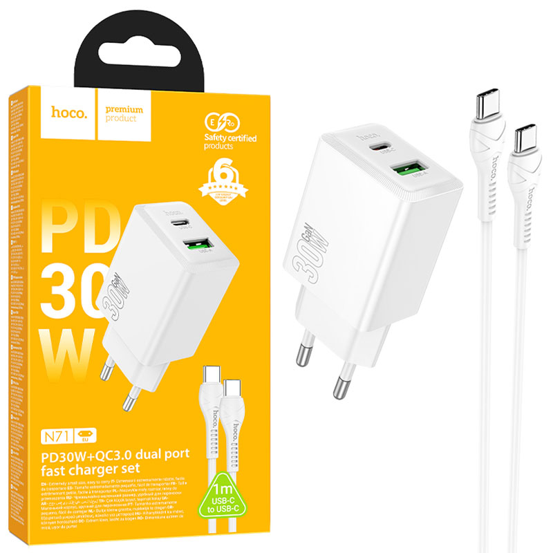 Hoco (N71) » Incarcator Retea + Cablu USB-C, 1m, (PD30W+QC3.0) 5V, 3A, 1xUSB-C, 1xUSB, Fast, WHITE