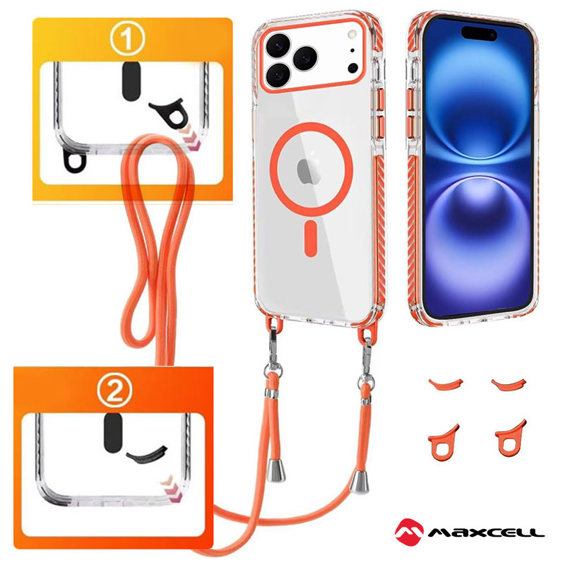 Husa MagFrame » iPhone 17 Pro, AntiDrop 2in1, Snur Detasabil, CLEAR / ORANGE frame