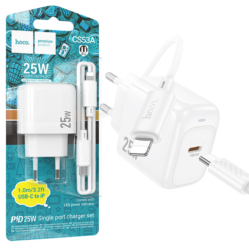 Hoco (CS53A) » Incarcator Retea + Cablu Lightning, 1m, (PD25W) 1xUSB-C, FastCharge, WHITE