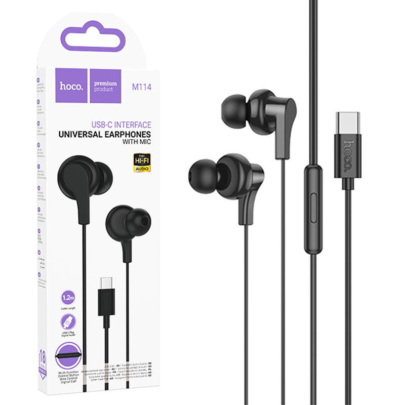 Hoco (M114) - Casti cu Fir, In Ear, USB-C, 1.2m, Mic & Volume Key, Black