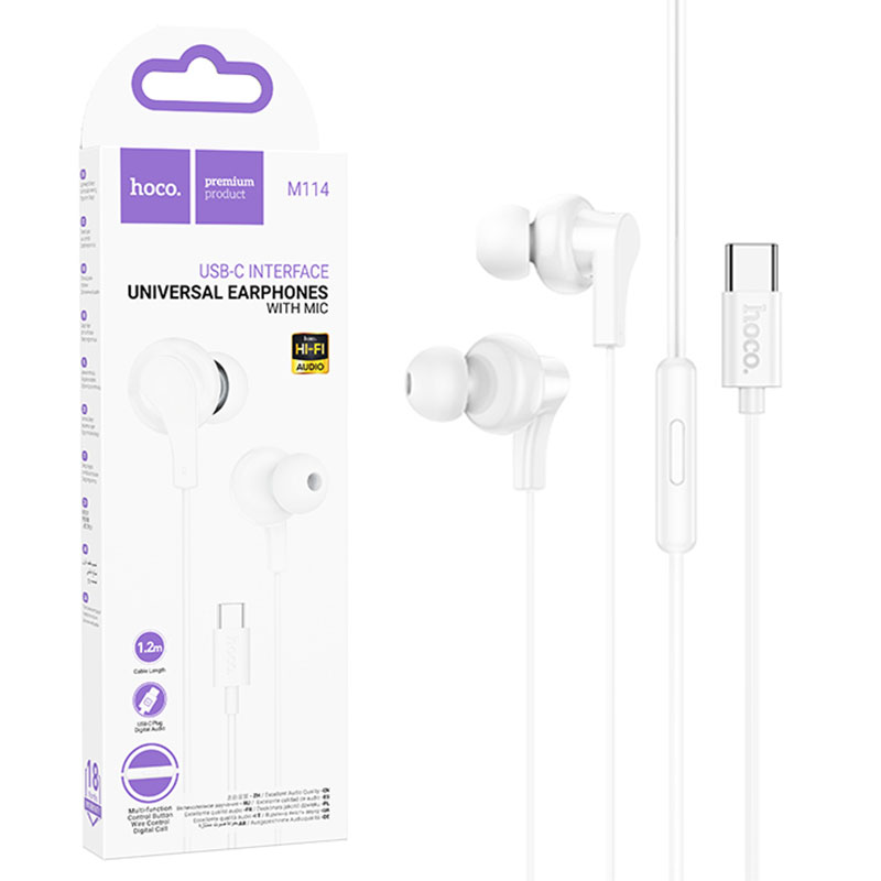 Hoco (M114) - Casti cu Fir, In Ear, USB-C, 1.2m, Mic & Volume Key, White