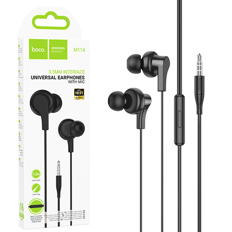 Hoco (M114) - Casti cu Fir, In Ear, 3.5mm, 1.2m, Mic & Volume Key, Black