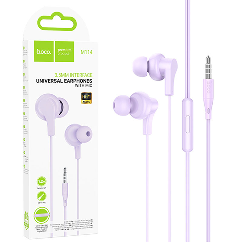 Hoco (M114) - Casti cu Fir, In Ear, 3.5mm, 1.2m, Mic & Volume Key, Purple