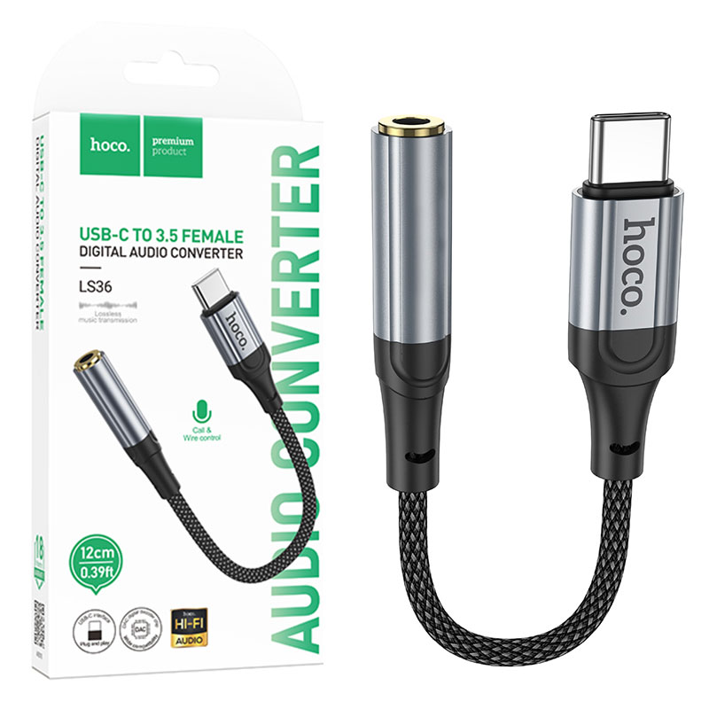 Hoco (LS36) - Cablu Audio, USB-C la Jack 3.5mm (F) - MultiFunction, 12cm, Black