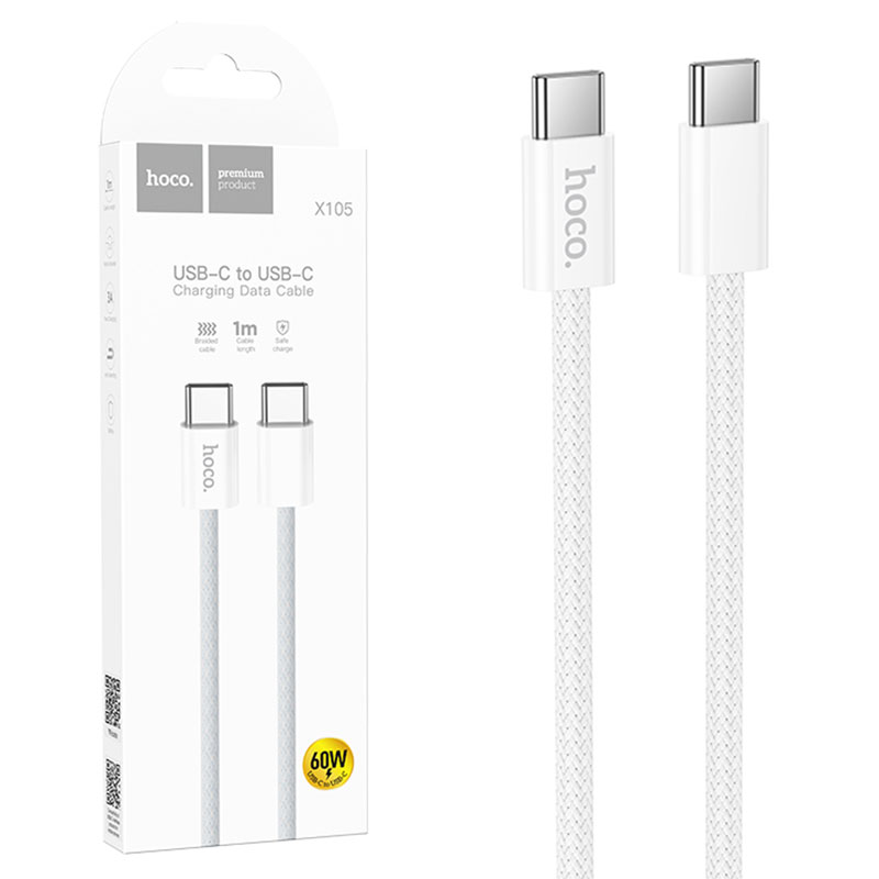 Hoco (X105) - Cablu Date si Incarcare, USB-C, PD60W, QC3.0, 3A, Braided, 1m, White