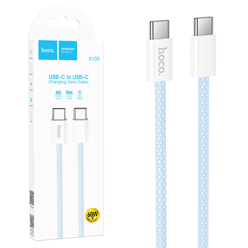 Hoco (X105) - Cablu Date si Incarcare, USB-C, PD60W, QC3.0, 3A, Braided, 1m | Blue