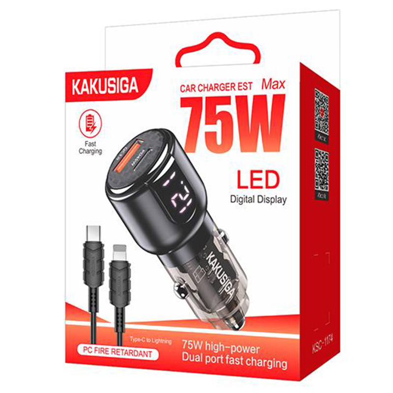 Kaku (KSC-1174) Incarcator Auto + Cablu Lightning, 75W, 1xUSB-C, 1xUSB-A, PD, QC 3.0, LED Power, Black