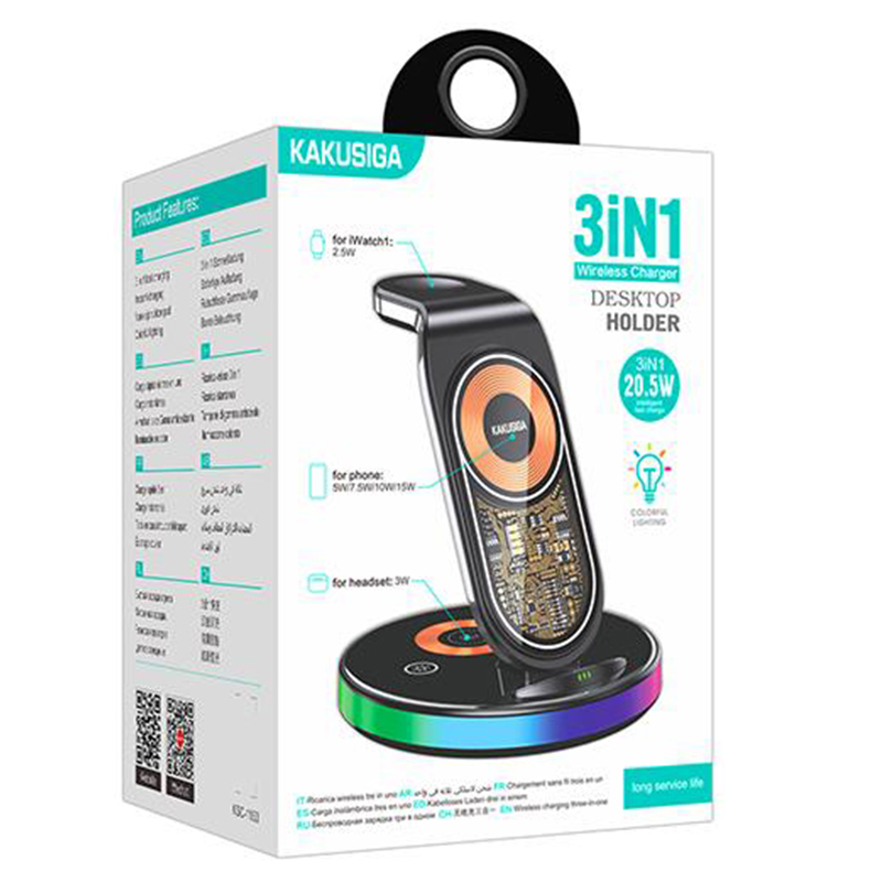 Kaku (KSC-1153) - Incarcator Wireless, 15W, Qi Charging, Universal 3 in 1, Fast, tip Stand, Black