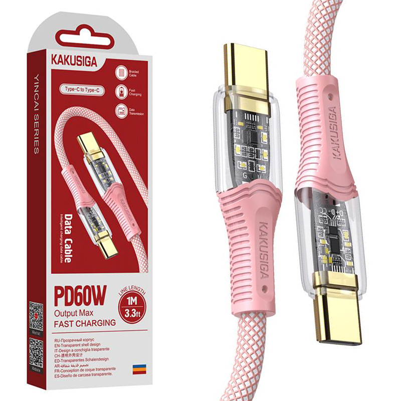 Kaku (KSC-809) - Cablu Date si Incarcare, USB-C, PD60W, QC3.0, Braided, LED Power, 1m | PINK