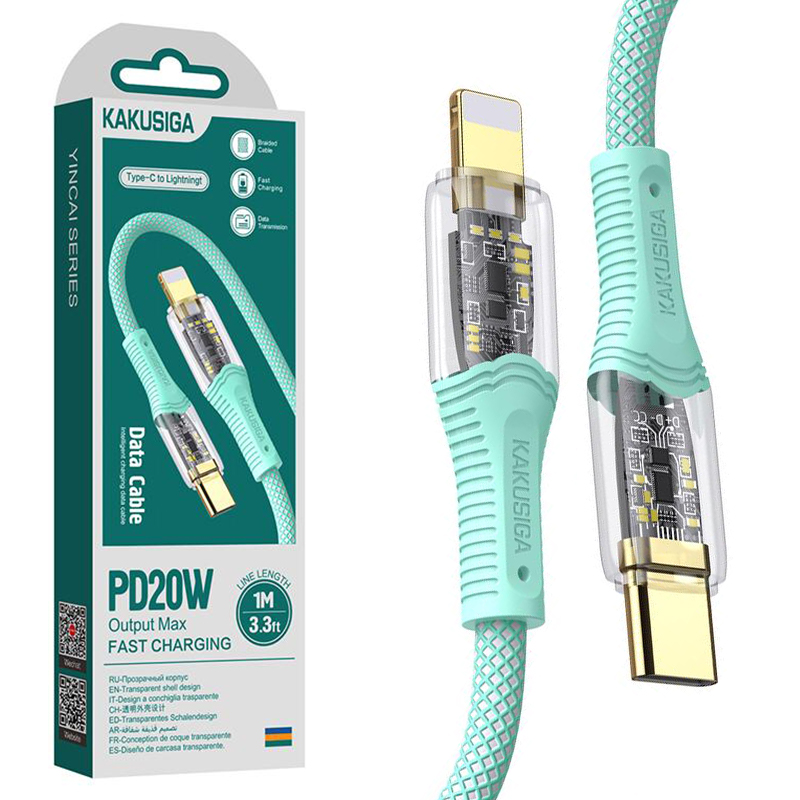 Kaku (KSC-809) - Cablu Date si Incarcare, USB-C la Lightning, PD20W, QC3.0, Braided, LED Power, 1m | Green