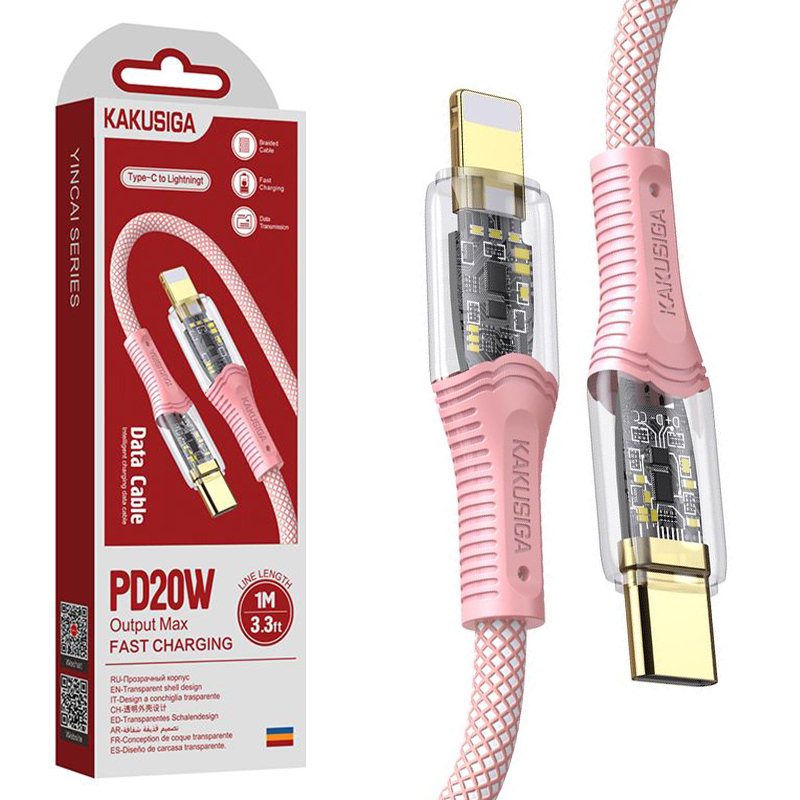 Kaku (KSC-809) - Cablu Date si Incarcare, USB-C la Lightning, PD20W, QC3.0, Braided, LED Power, 1m | PINK
