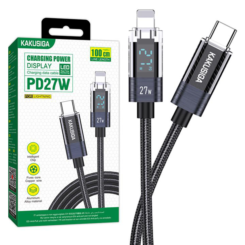 Kaku (KSC-971) - Cablu Date si Incarcare, USB-C la Lightning, PD27W, QC3.0, Braided, LED Power, 1m, Black