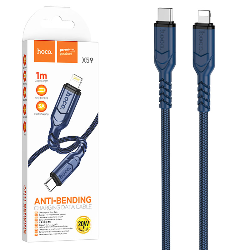 Hoco (X59) - Cablu Date si Incarcare, USB-C la Lightning, PD20W, QC3.0, Braided, 1m | Blue