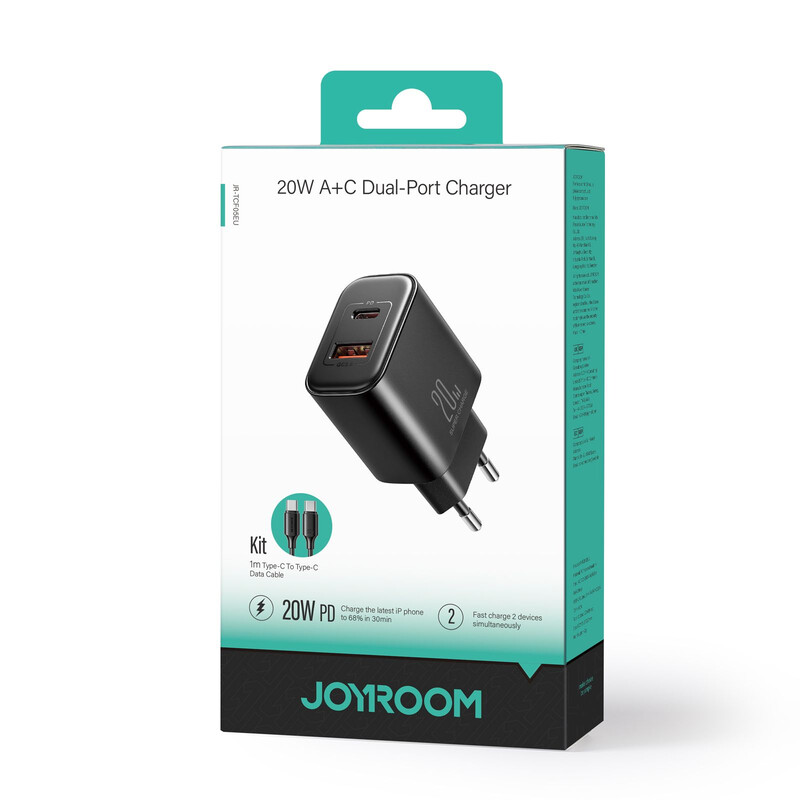 Joyroom (JR-TCF05) - Incarcator Retea + Cablu USB-C, 20W, 1xUSB-C, 1xUSB-A, PD, QC 3.0, Black