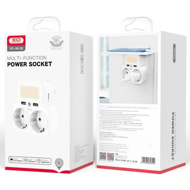 XO (WL09) - Adaptor Priza, dublu, cu senzor si LED, 2xUSB-A, White