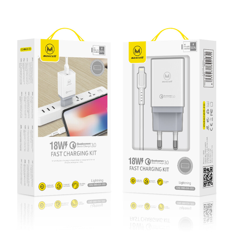 Maxcell (CDQ090) - Incarcator Retea + Cablu USB-C, 18W, 3A, 1xUSB-A, QC 3.0, White